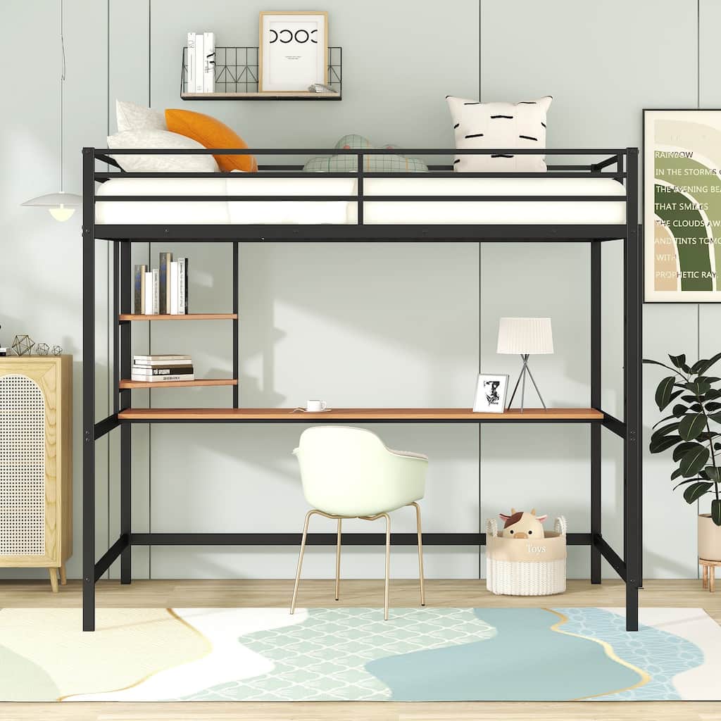 Full Size Loft Bed with Metal Frame, Built-in Wooden Desk and Corner Shelves, Metal Loft Bed Frame with Ladder and Guardrails
