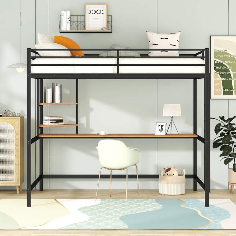 Sturdy Twin/Full Metal Loft Bed with Workstation, Desk, and Shelf, Perfect for Bedrooms or Dorms