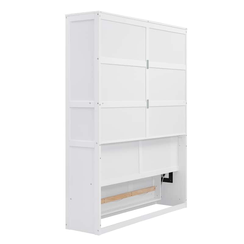 White Queen Size Murphy Wall Bed with Shelves and Mattress Holder, Space-Saving Cabinet Design
