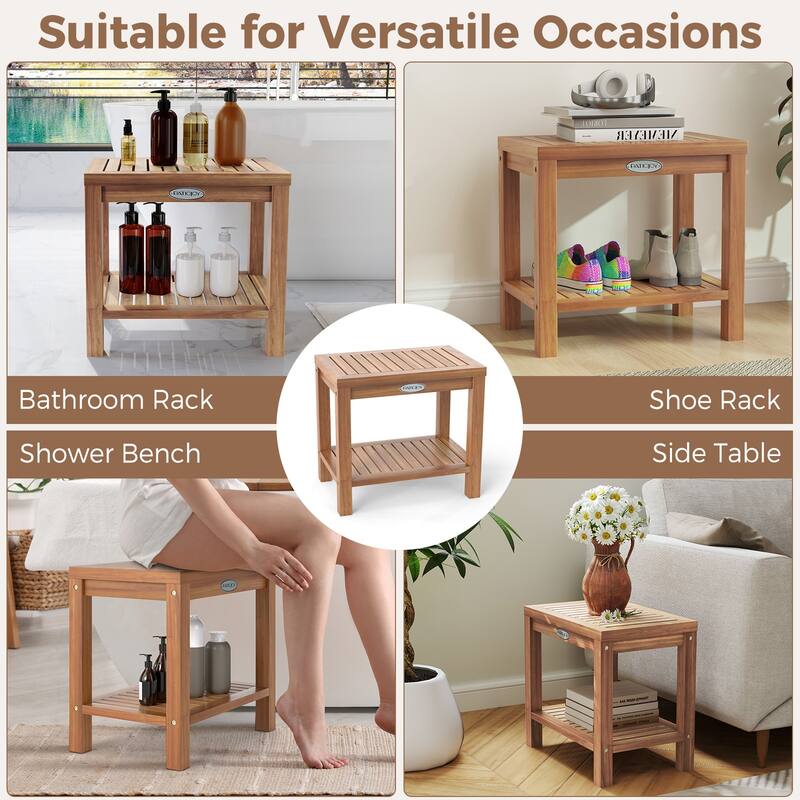 Gymax 19 Inch Teak Wood Shower Bench Inside Shower Stool w/ Storage