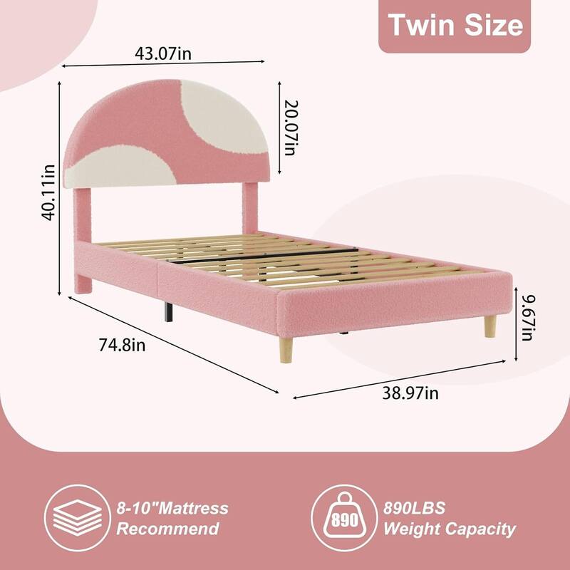 Twin Bed Frame, with Wooden Slats and Round Boucle Headboard