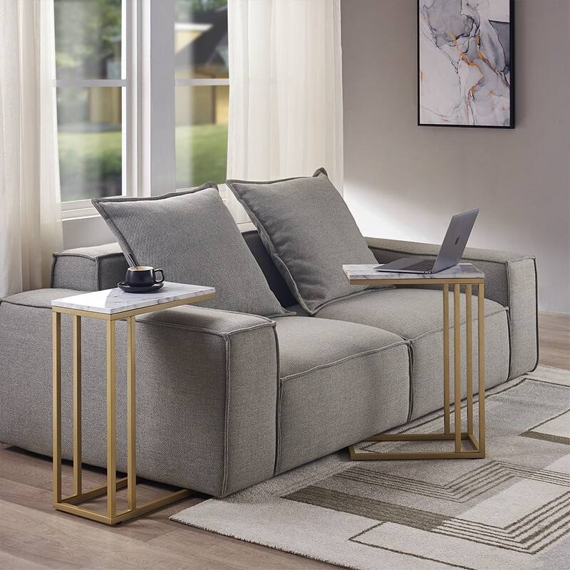 ROSEN GARDEN Faux Marble C-Shape Side End Table, Set of 2, White