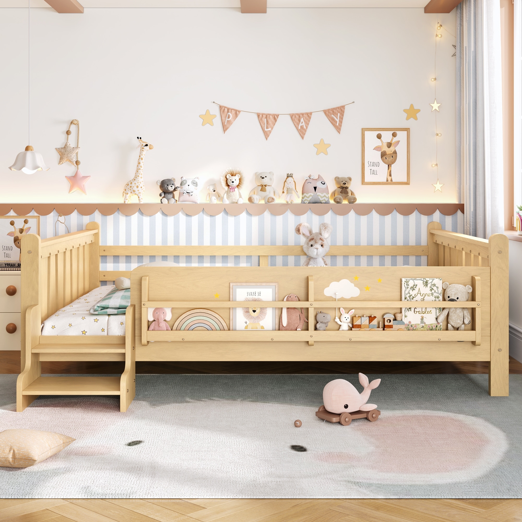 Roomfitters Queen Wood Floor Bed, Storage Bookcase & 2-Step Safety Stairs, Kids Platform Bed & Guardrails