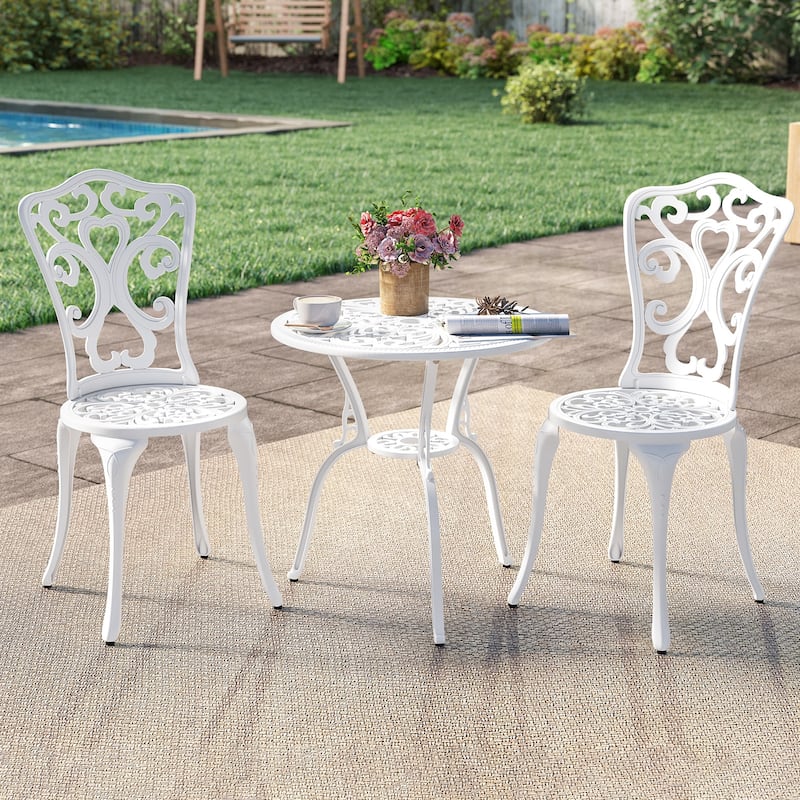 3 Piece White Cast Aluminum Patio Bistro Set with Umbrella Hole and Patterned Chairs - Chair: 20" × 16" × 34"