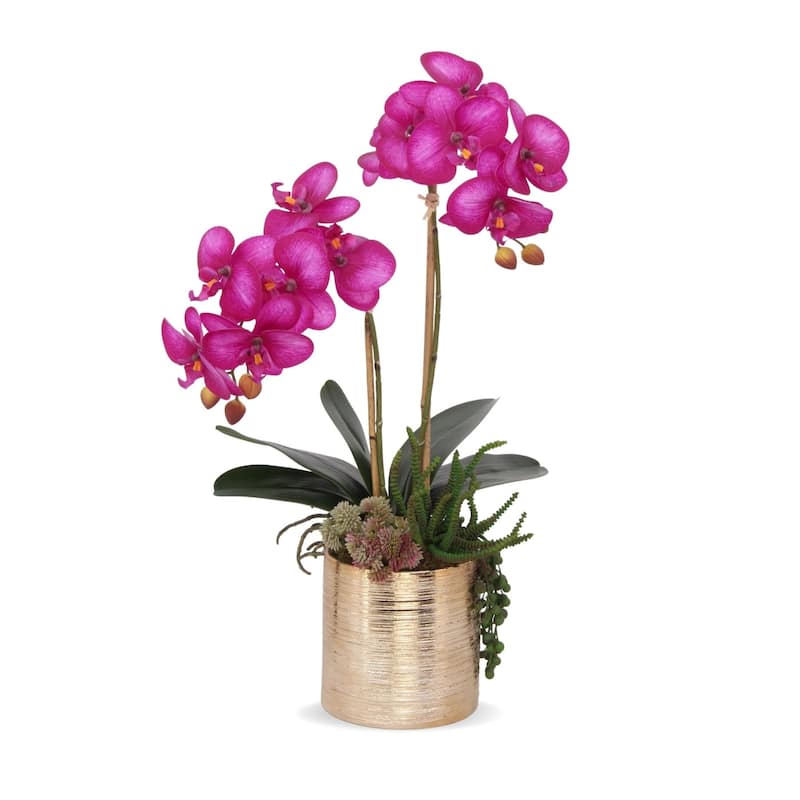 Real Touch Purple Orchids Arrangement in Gold Cylinder Pot