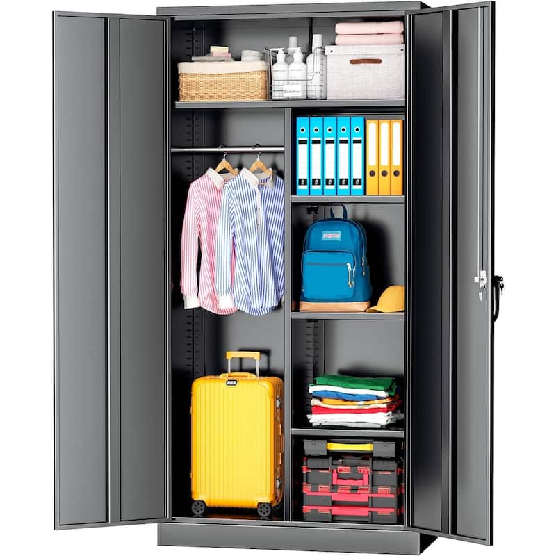 72" Lockable Metal Wardrobe Armoire Closest Storage Cabinet with Adjustable Shelves and Hanging Rod