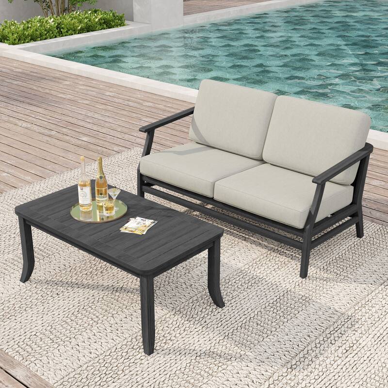 Teak Wood Patio Outdoor Loveseat Sofa and Coffee Table Set - Dark Wood - Light Camel