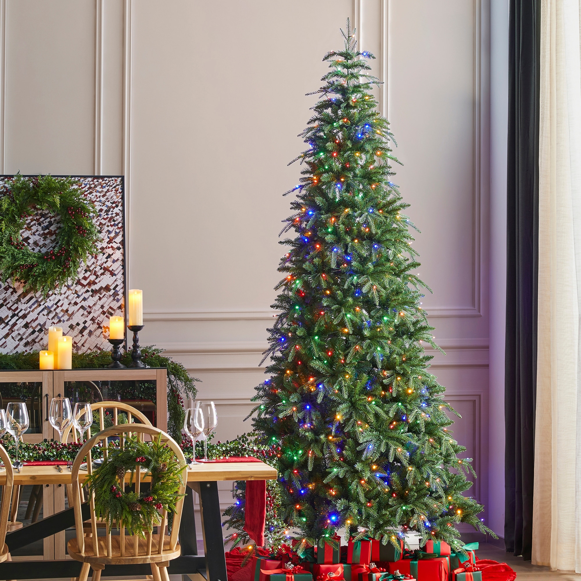 Glitzhome 6FT/7.5FT/9FT/11FT/15FT Pre-Lit Green Slim Fir Artificial Christmas Tree with Remote Control