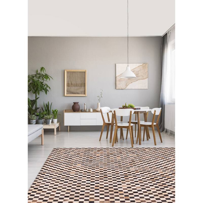 ECARPETGALLERY Handmade Cowhide Patchwork Dark Brown Leather Rug - 6'2 x 6'2