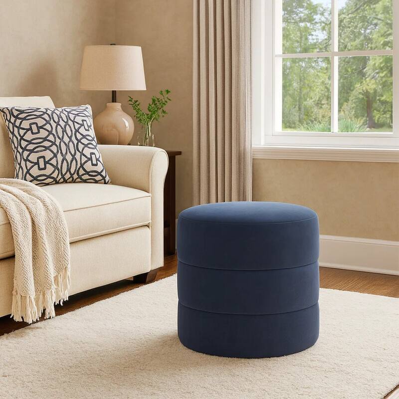 Sem Round Accent Ottoman, Royal Blue Channel Stitched Velvet 18 Inch