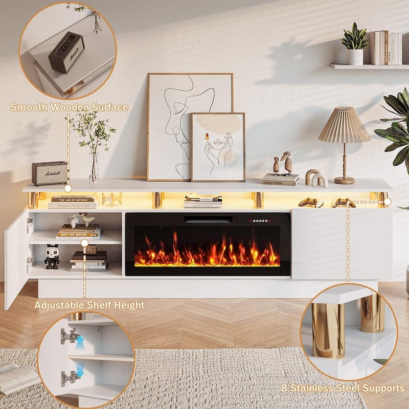 BOSSIN Modern 80" TV Stand with 36" Fireplace & LED Lights for TVs Up to 90", White with Golden Pillars, Storage Cabinets