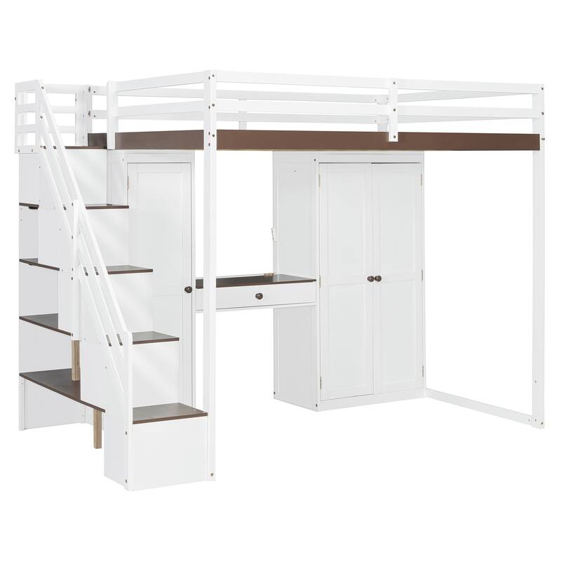 Roomfitters Full Size Loft Bed with Wardrobe, Dressing Table and Storage Staircase