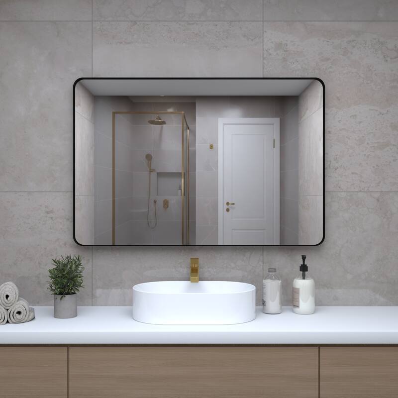 24 Inch Black Metal Framed Rectangular Tempered Bathroom Mirror for Wall - 35.63 - 35.63