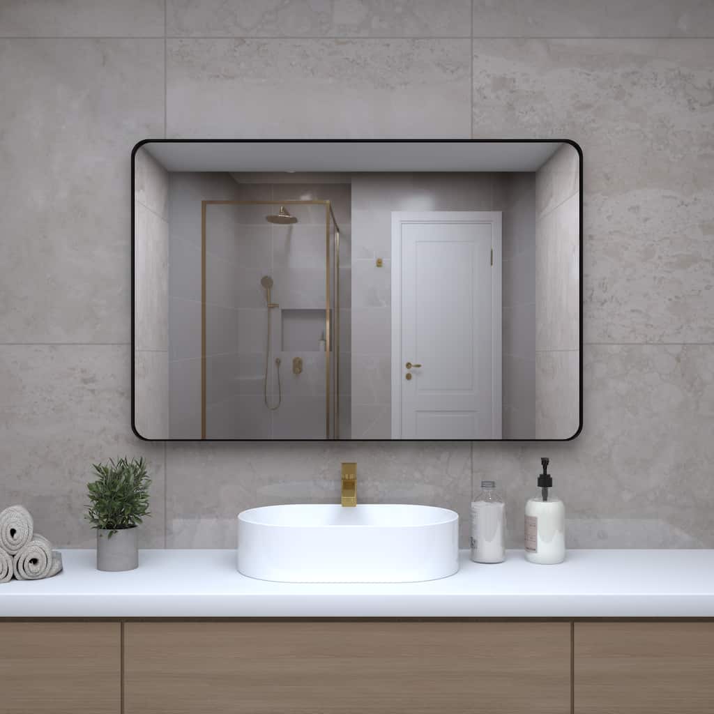 24 Inch Black Metal Framed Rectangular Tempered Bathroom Mirror for Wall - 35.63