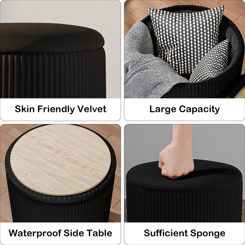 BOSSIN Round Ottoman with Storage Set of 2, Velvet Vanity Stool, Pouf Ottoman Foot Rest