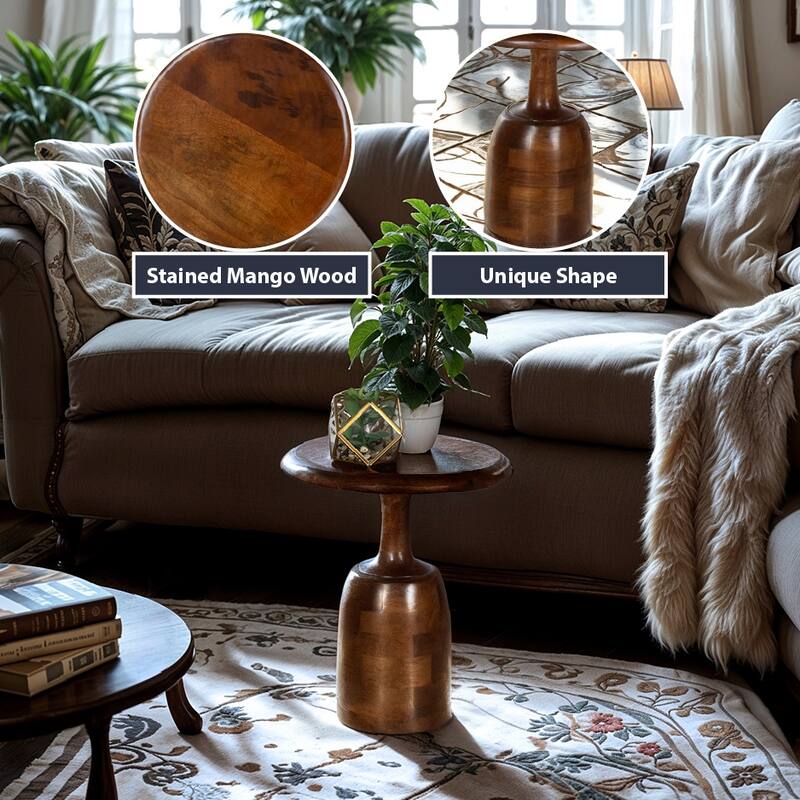 Handcrafted 15" Round Mango Wood Side Table with Pedestal Base and Dark Stained Finish - 18" Tall