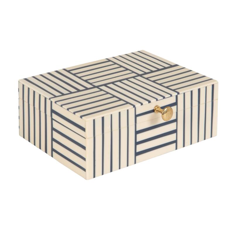 Resin Box with Striped Block Pattern and Gold Clasp - 8.0"L x 6.0"W x 3.0"H - Blue;White