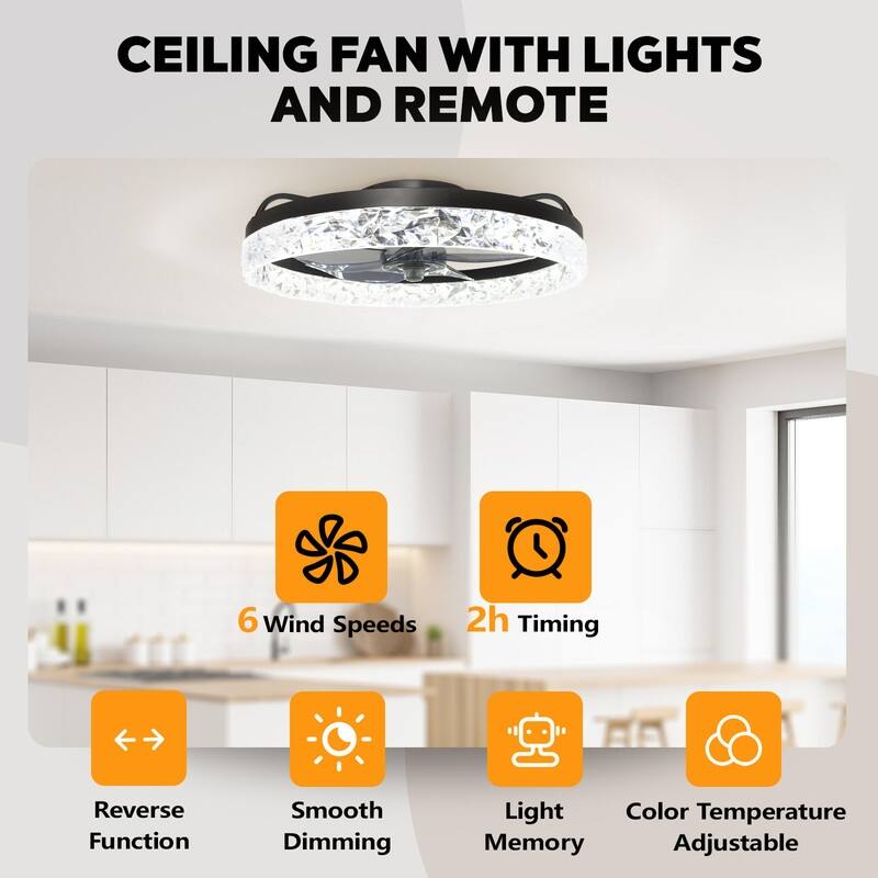 20 in. LED Indoor Black Crystal Flush Mount Ceiling Fan with Light Dimmable for Low Profile Kids Room