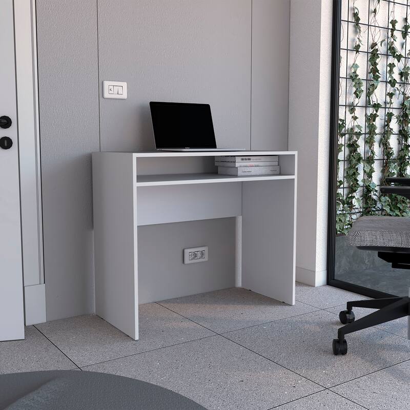 Compact 35" Writing Desk with Open Shelf, Space-Saving, Modern Design for Office and Home Spaces - White
