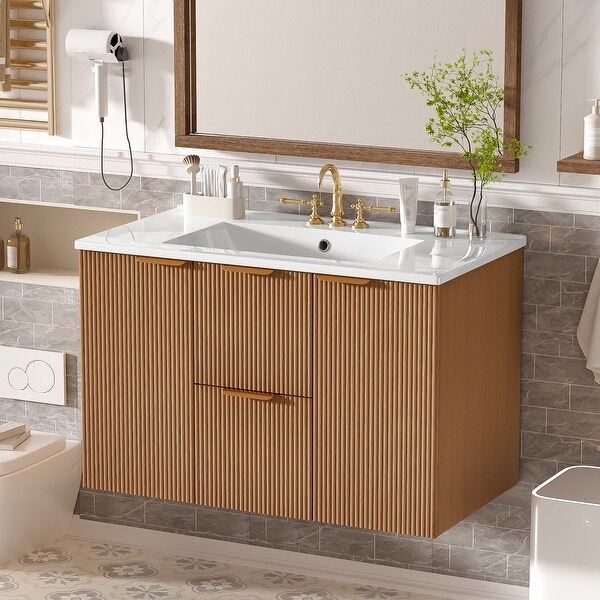 Wall-Mounted Bathroom Vanity, Wave-Pattern, Wood Grain Melamine