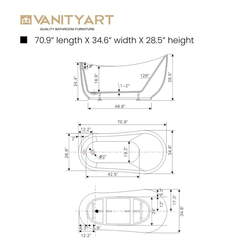 Vanity Art 71-inch Freestanding Acrylic Soaking Bathtub with Overflow & Pop-up Drain