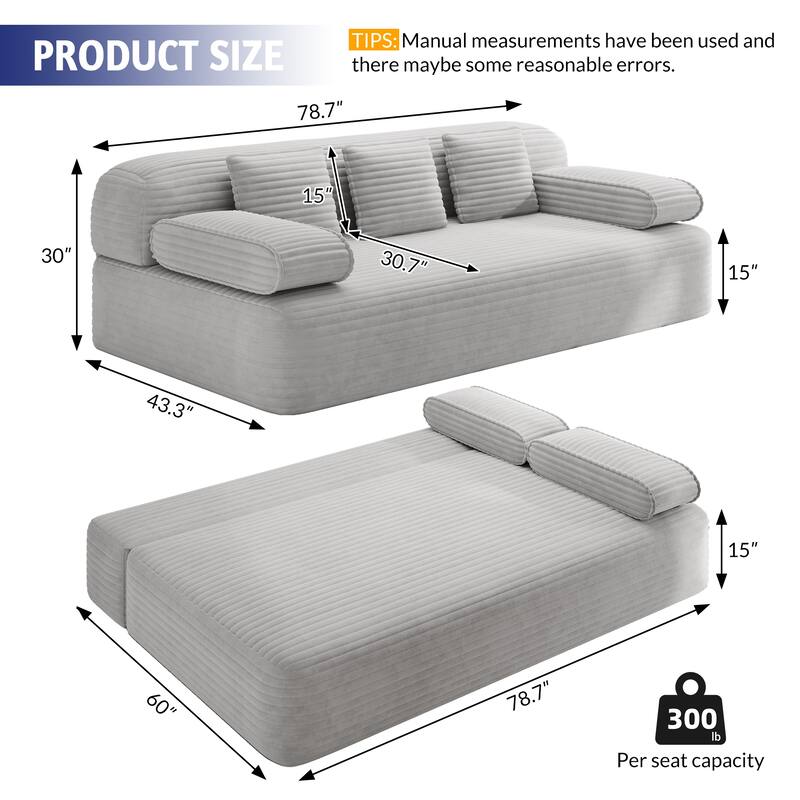 78.7-Inch Convertible Sofa Bed, 2-in-1 Frameless 3-Seater Couch with Plush Corduroy Fabric for Small Spaces