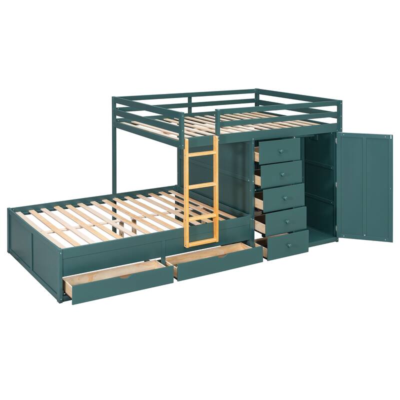 Kids Bed Frame Full Over Full Bunk Bed with Drawers and Wardrobe