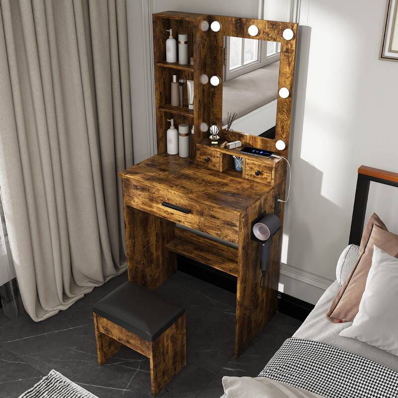 Vanity Table with Mirror & Adjustable LED Lights, Power Outlet, Hairdryer Holder & Stool - Compact Dressing Desk