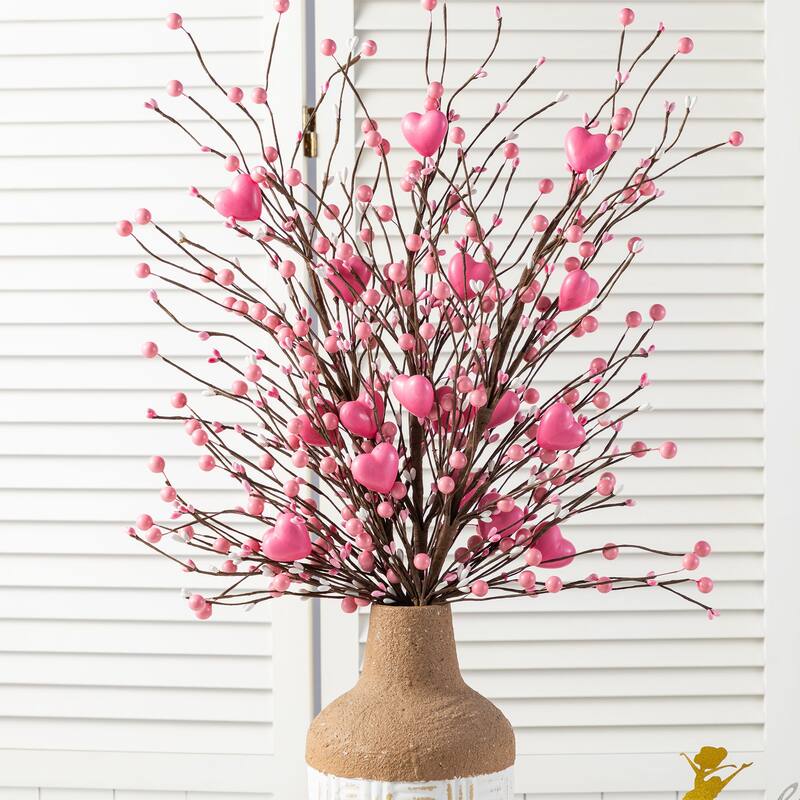 Glitzhome Set of 2 28"H Valentine's Day Berry & Heart Pick Artificial Branch