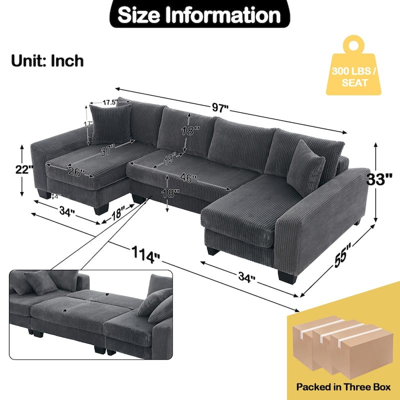 114" U Shape Corduroy Sofa Oversize Sectional Couch Upholstered Sofa Bed