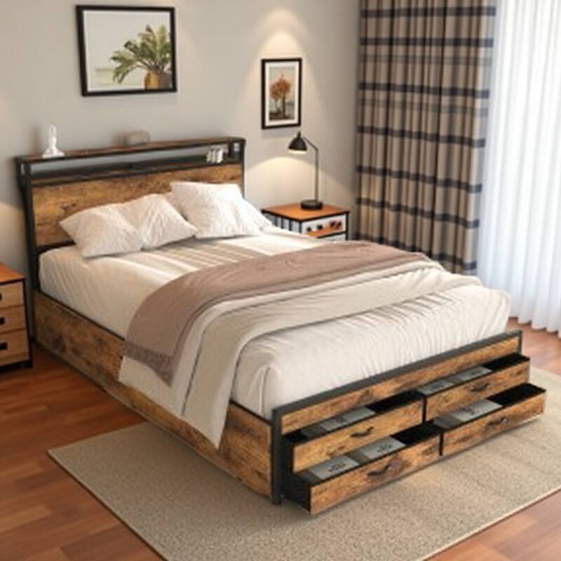 Queen Bed Frame with 8 Storage Drawers, LED Headboard with Charging Station, Metal Platform Frame, No Box Spring Needed - Queen Black+Brown - Queen