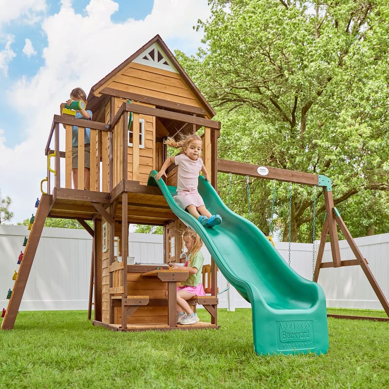 Backyard Discovery Spruce Hollow Spruce Wood Swing Set, Wave Slide
