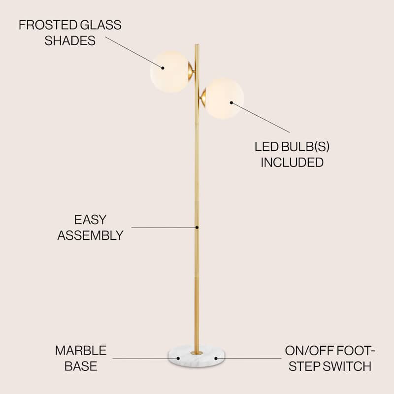 Tyler 60.5" 2-Light Modern Parisian Candlestick Iron LED Floor Lamp, Brass Gold/White by JONATHAN Y - 2 Light