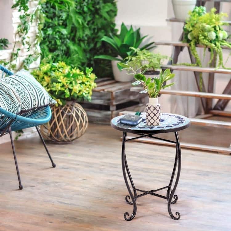 Indoor/Outdoor Blue Mosaic Round Side Accent Table Plant Stand - 14"W x 14"D x 21"H