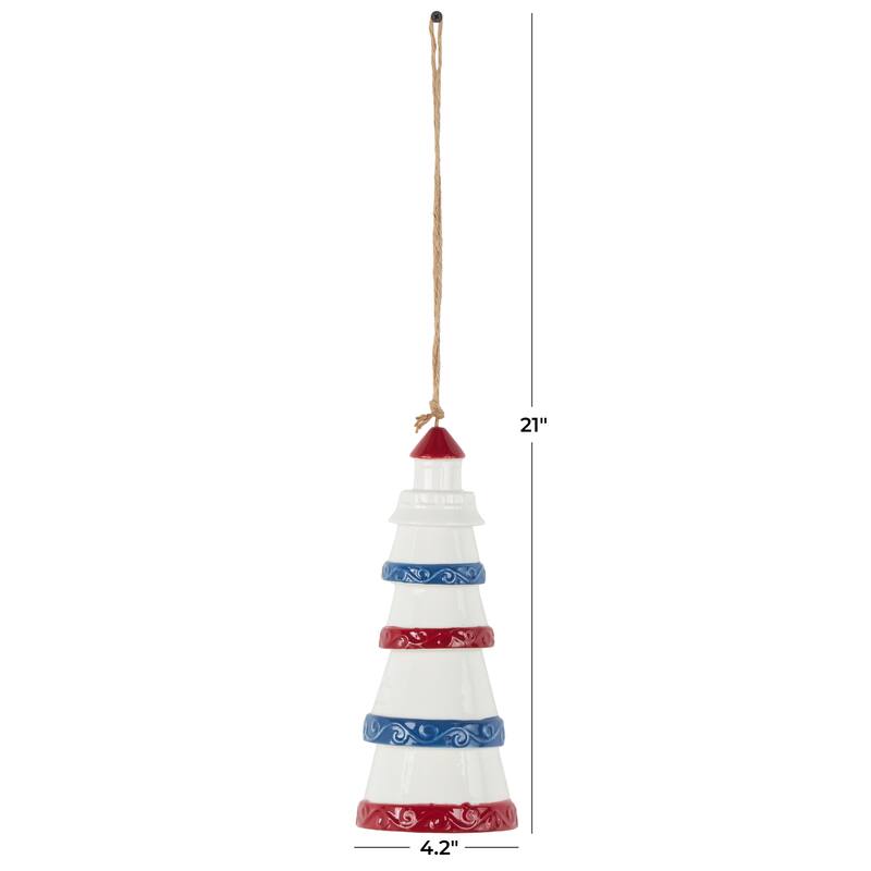 White Ceramic Light House Indoor Outdoor Windchime with Brown Rope and Blue and Red Accents