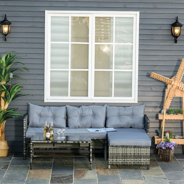 Outsunny 3-Piece Rattan Patio Furniture Sofa Set Lounge Chaise Cushioned for Garden Poolside or Porch Lounging. Opens flyout.