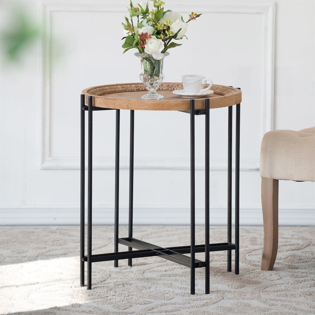 Round Side Table with Wood Top for Living Room