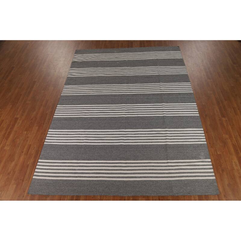 Striped Gray Kilim Durrie Oriental Area Rug Cotton Carpet - 8'3" x 11'7"