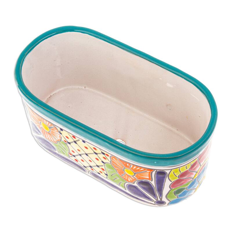 Novica Handmade Oblong Hacienda In Teal Ceramic Flower Pot
