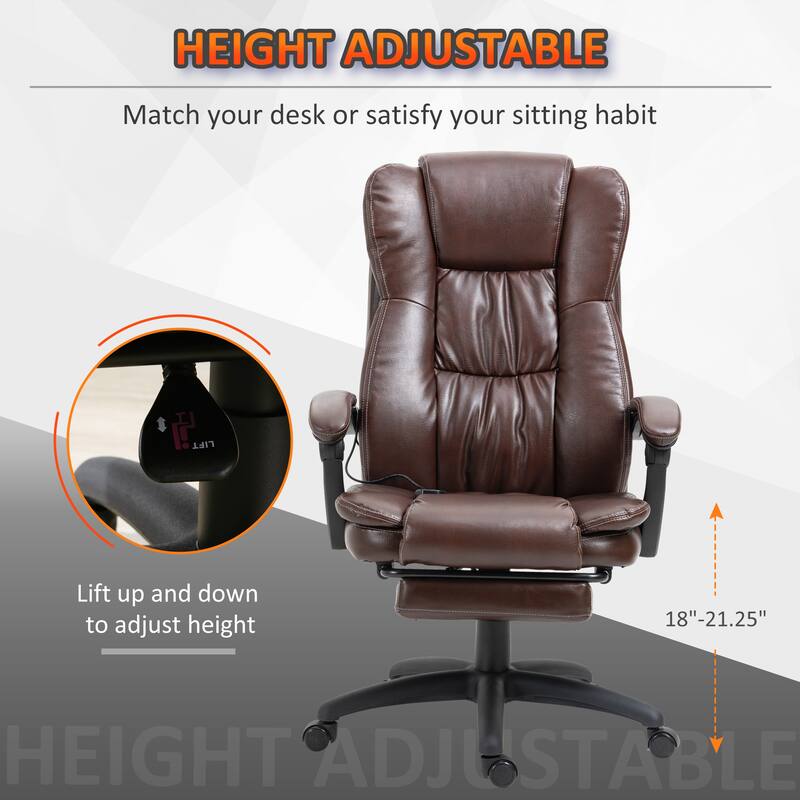 PU Leather Swivel High Back Massage Office Recliner Chair with 6-Point Vibration, Reclining Back, Retractable Footrest