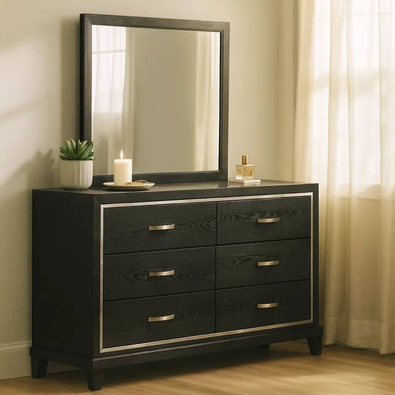 Lyla Wide Dresser, Silver Trim, 6 Drawer, Tapered Legs, Black Wood