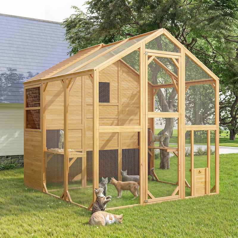 Large Outdoor Wooden Chicken Coop & Cat Enclosure with Run, 2 Colors Pet Cage - Oak