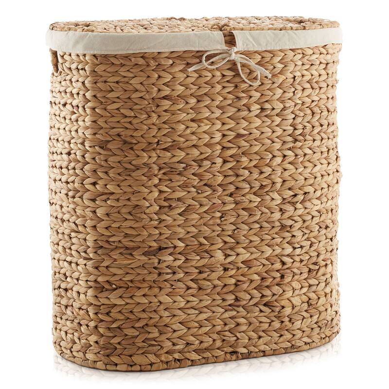 2Section Oval Laundry Hamper Basket w Lids and Liner Bags for Clothes