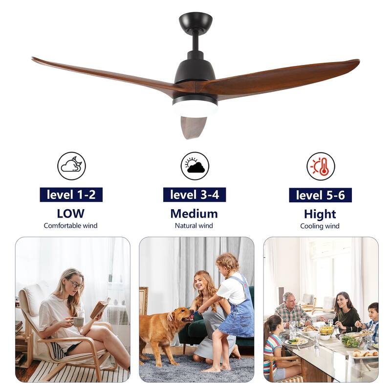 Hot sales 52 Inch Black Ceiling Fan With 3 Color Dimmable 5 Solide Wood Blades Remote Control Reversible DC Motor With Led Light