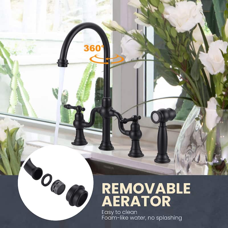 WOWOW Double Handle High Arc Bridge Kitchen Faucet with Side Sprayer