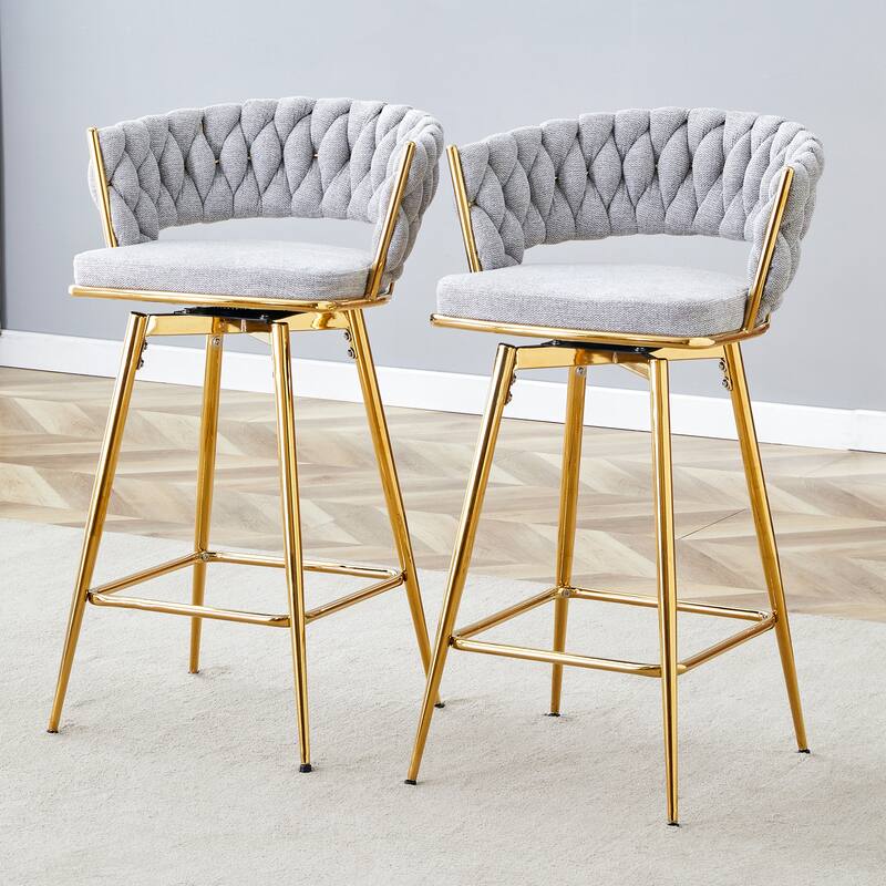 Swivel Bar Stools with Breathable Cotton-Linen Cushions & Rust-Proof Electroplated Metal Frames . - Set of 2 - Antique grey white