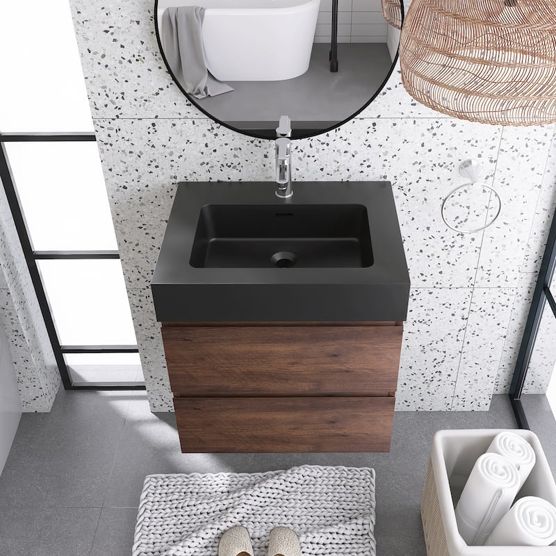 Floating Bathroom Vanity with Black Solid Surface Top