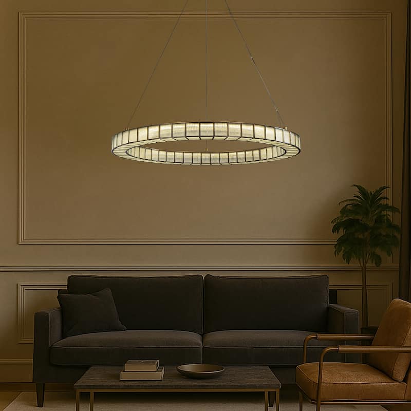 32'' Modern Halo Round Art Glass Integrated Led Chandelier Brass Art Deco Led Ceiling Light For Dining Room Living Room - W32''