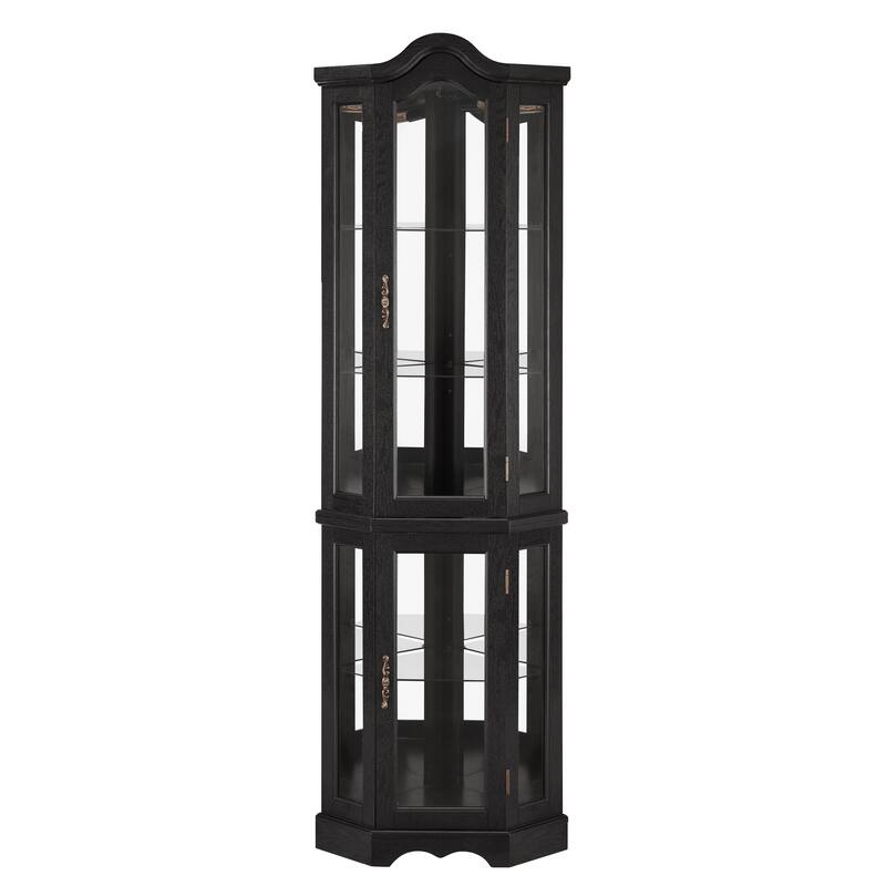 Lighted Corner Curio Cabinet, Freestanding Glass Display Cabinet, Wooden China Cabinet with Tempered Glass Doors & Shelves