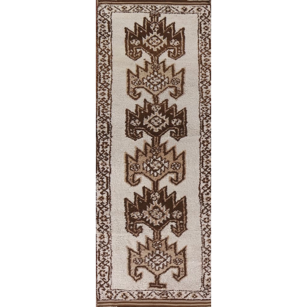 Tribal Anatolian Turkish Runner Rug Handmade Beige Wool Carpet - 3'6"x 11'9"